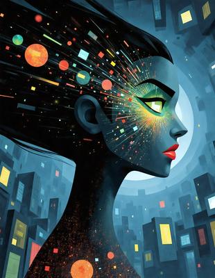 The primary subject of the image is a woman with a unique and colorful appearance. She has a striking look, featuring a mix of colors and patterns on her face. The setting is a futuristic cityscape, with a backdrop of buildings and a moon visible in the background. The visual style of the image is a combination of digital art and illustration, creating a vibrant and eye-catching scene. The colors and mood of the image are lively and energetic, with a strong focus on the woman's striking features.